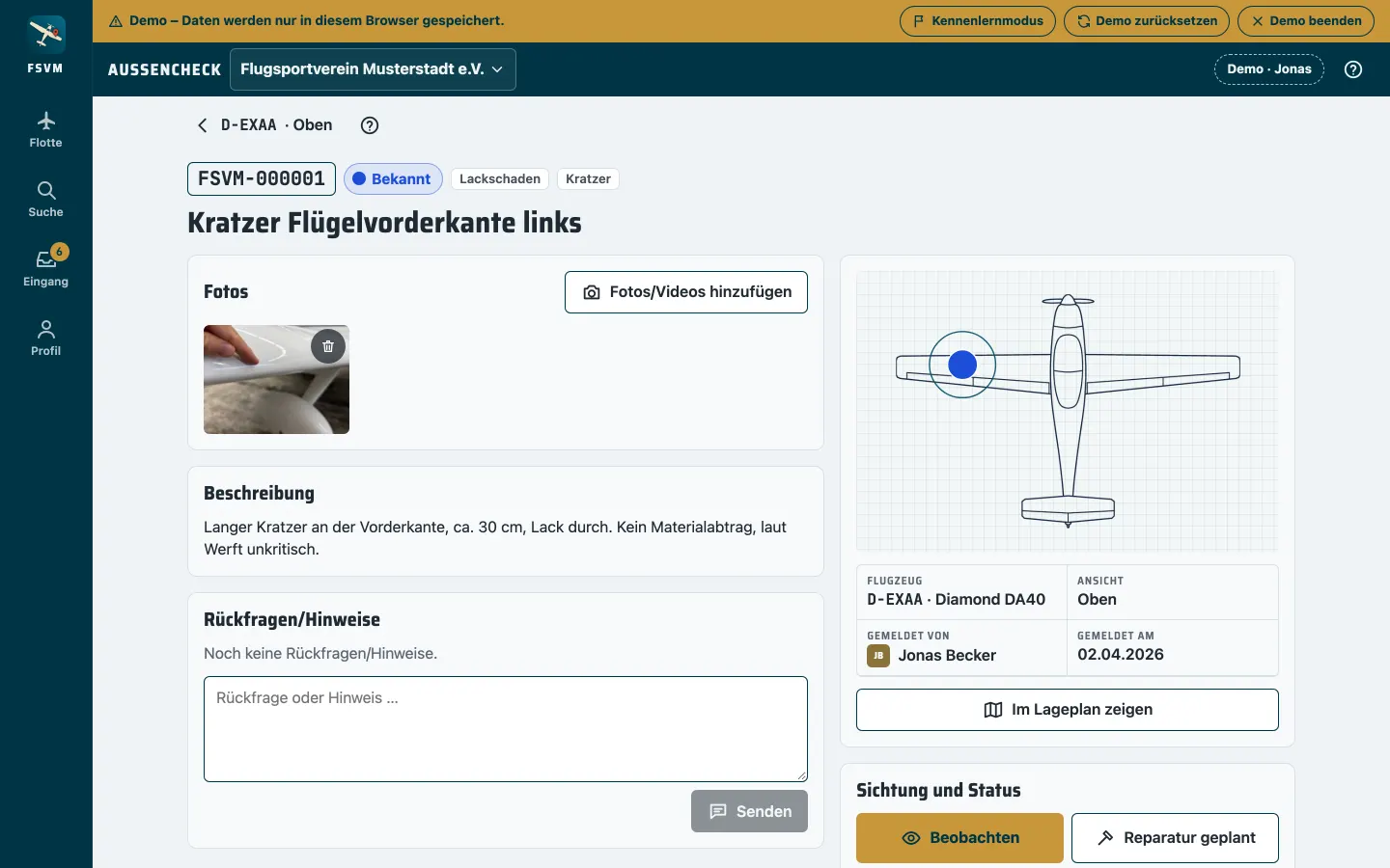 Schaden im Detail mit Fotos, Beschreibung, Lageplan und Status