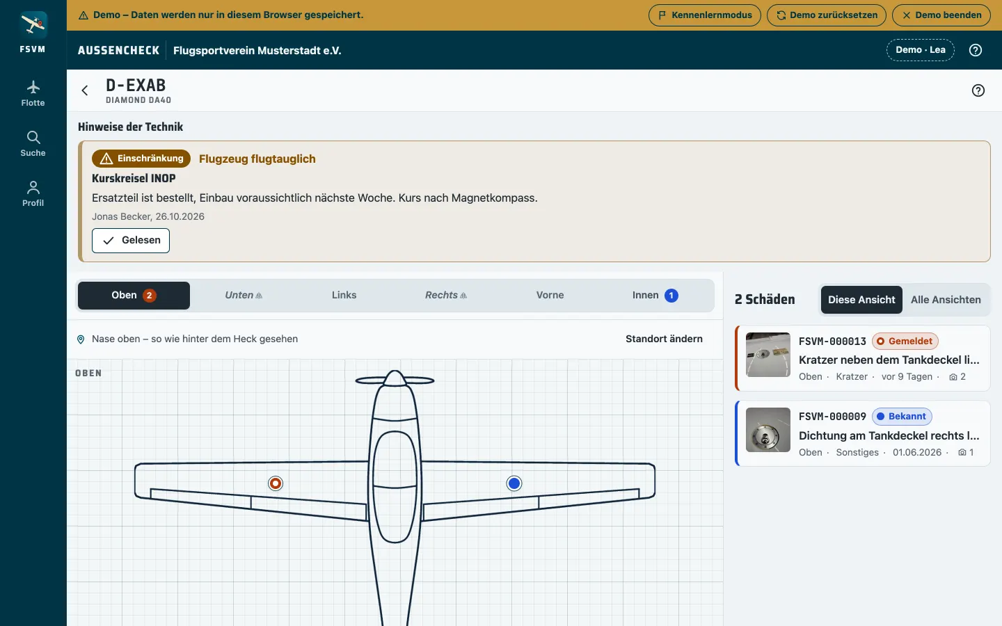 Ein Flugzeug mit Hinweis der Technik: Einschränkung „Kurskreisel INOP“ ganz oben, darunter Lageplan und Schäden, mit Knopf „Gelesen“